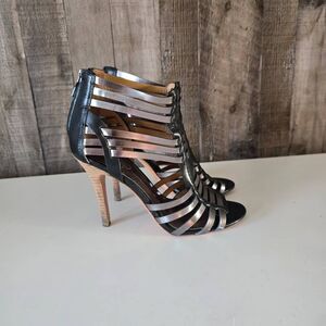 Coach Womens 6 B Black Silver Lucy Gladiator Heeled Leather Sandal zip back